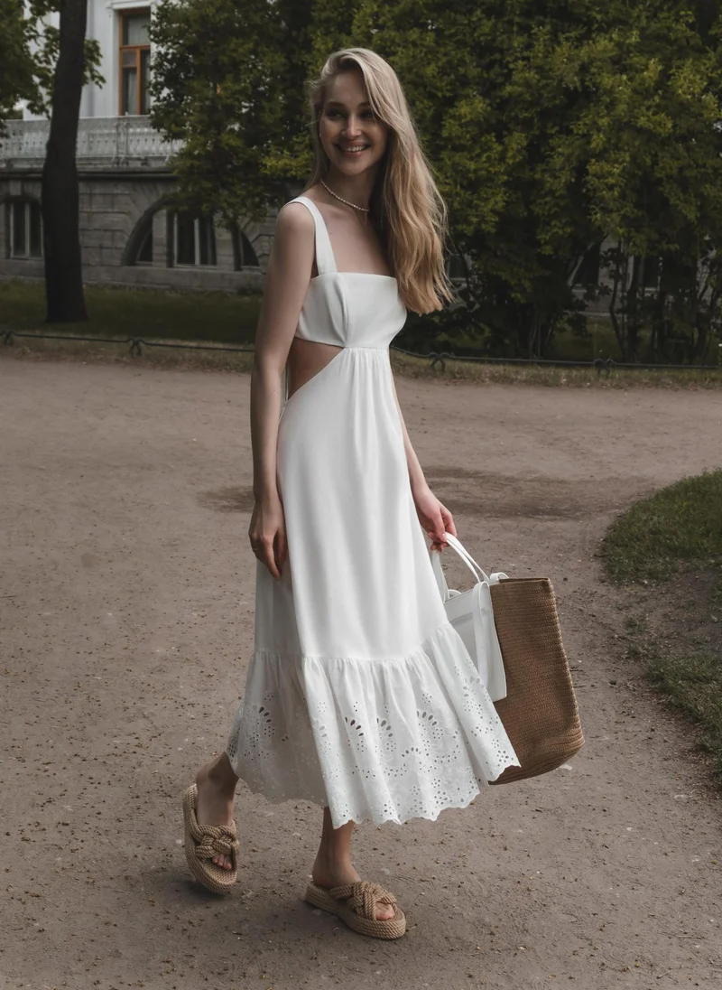 Lichi Wide-strapped midi dress with openwork skirt flounce